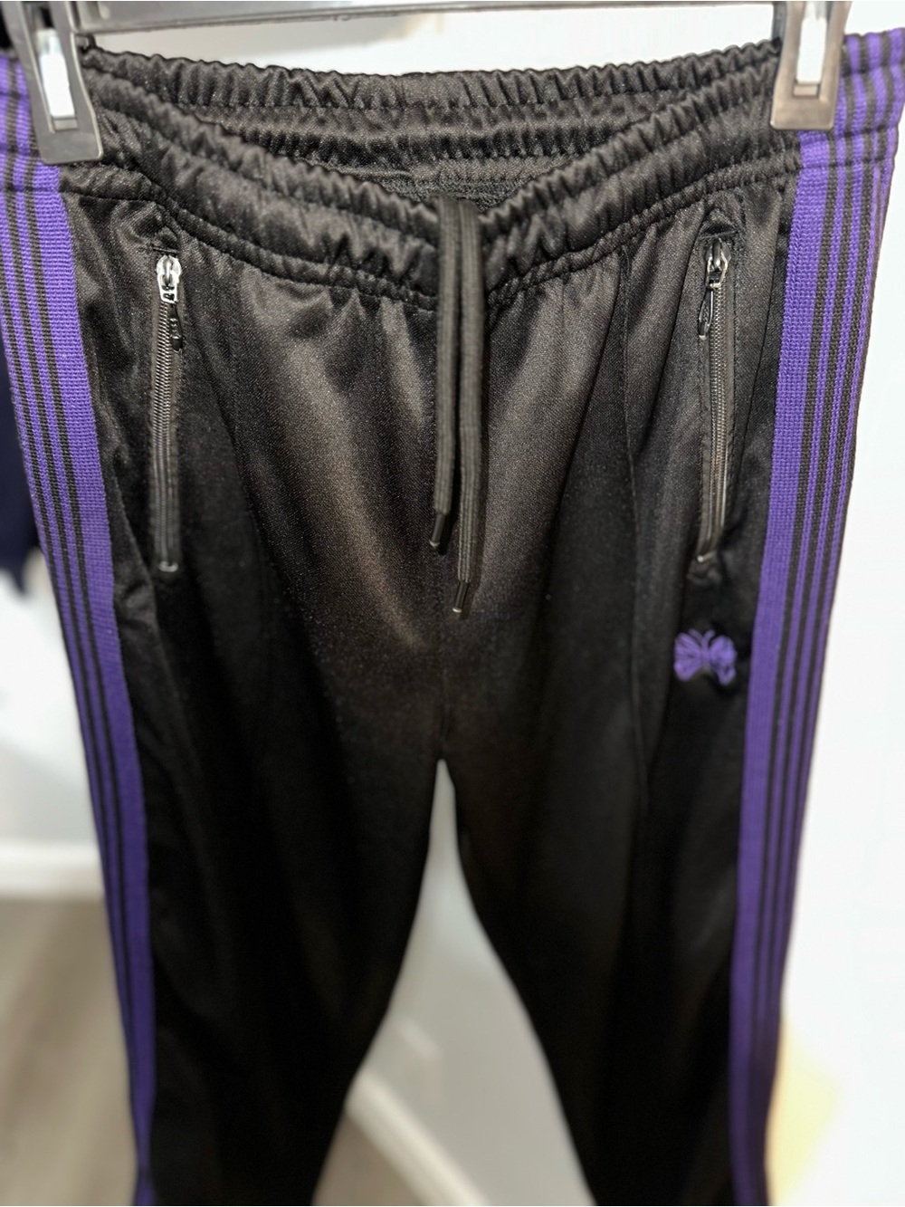 Needles made in japan women’s Black Track Pants with Purple Stripes L